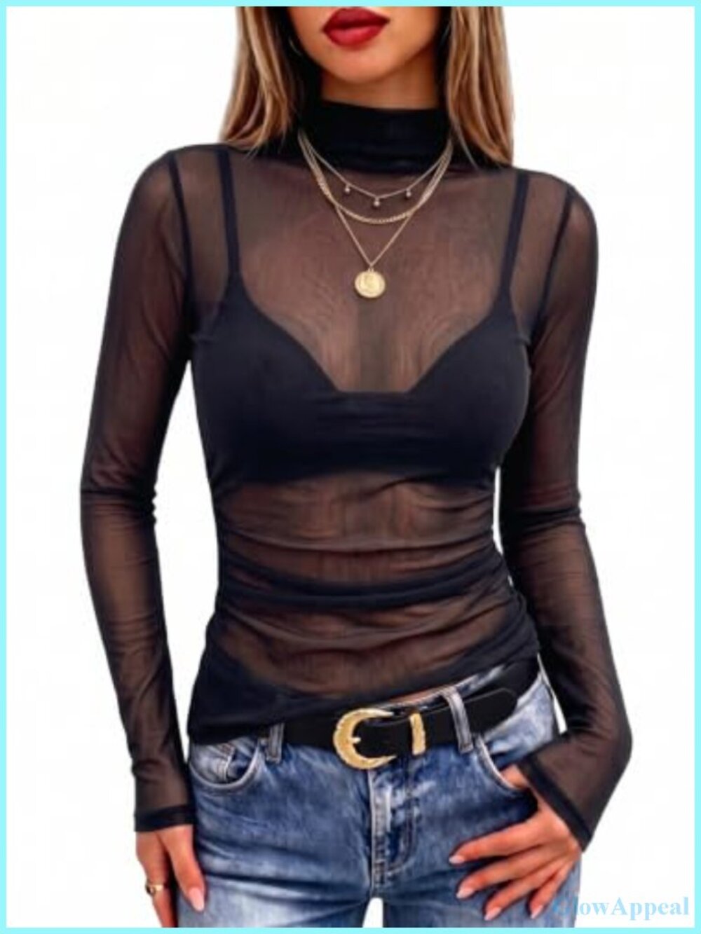Women's Ruched Mesh Top Sheer Long Sleeve Mock Neck Blouse